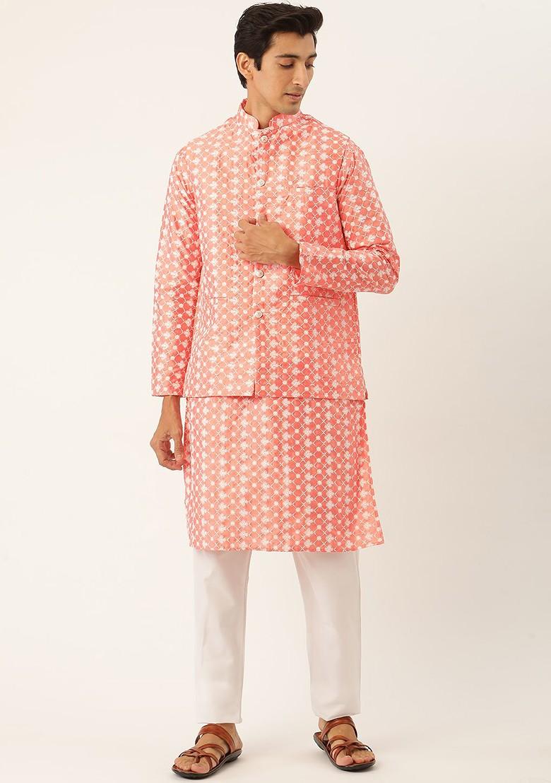 Peach Embroidered Poly Blend Kurta Set For Men