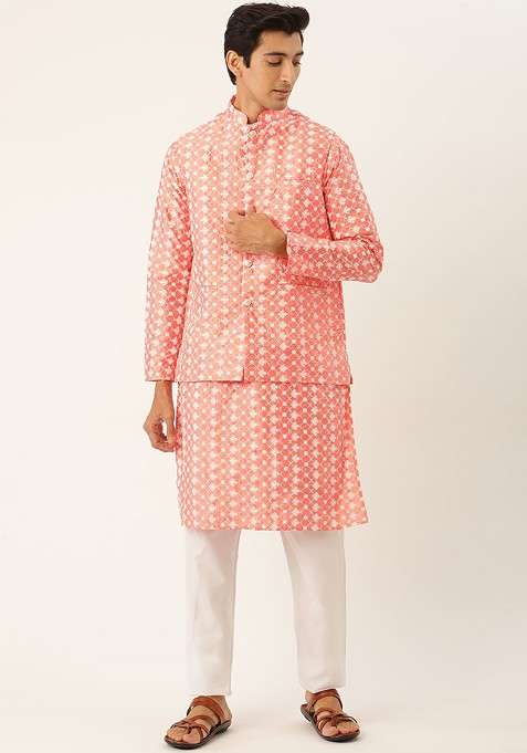 Peach Embroidered Poly Blend Kurta Set For Men