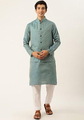 Teal Blue Woven Poly Blend Kurta Set For Men