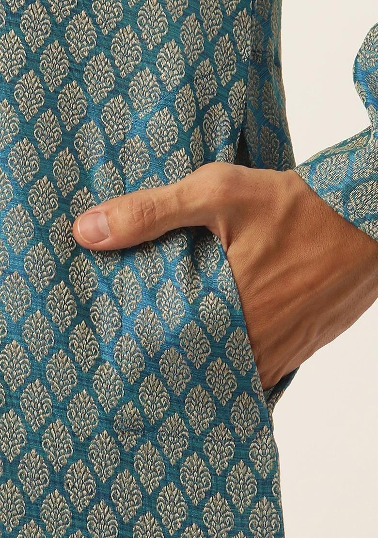 Teal Blue Woven Poly Blend Kurta Set For Men