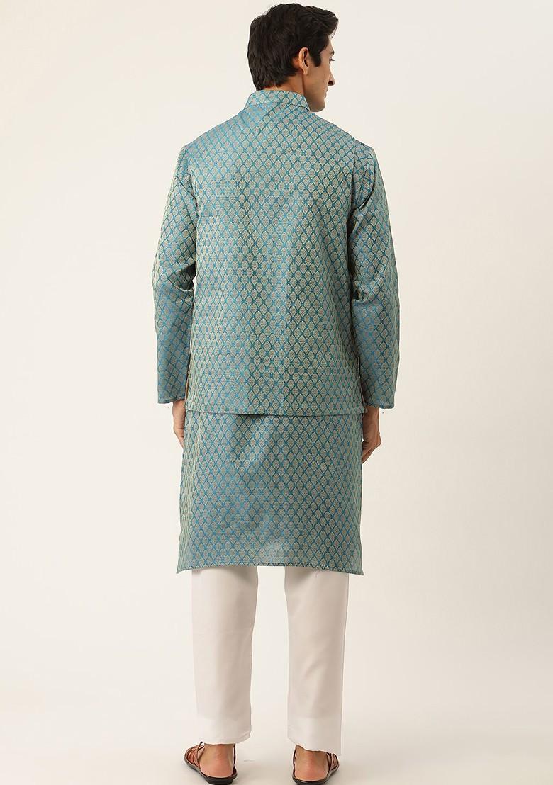 Teal Blue Woven Poly Blend Kurta Set For Men