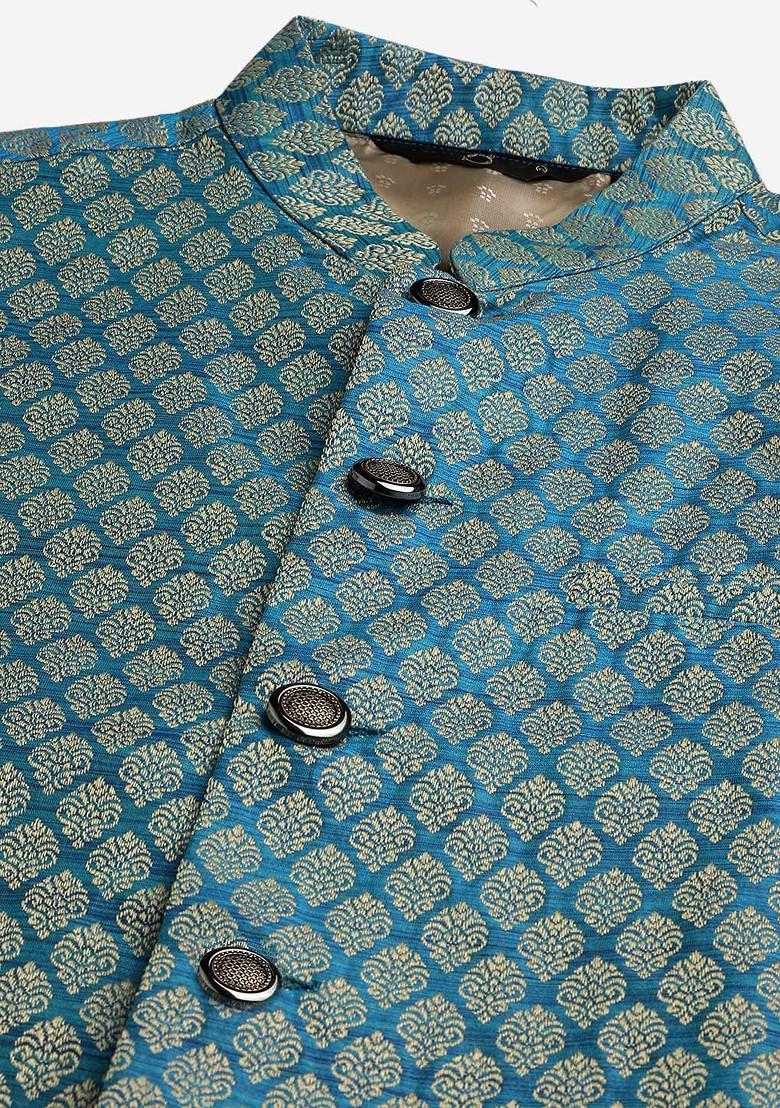 Teal Blue Woven Poly Blend Kurta Set For Men