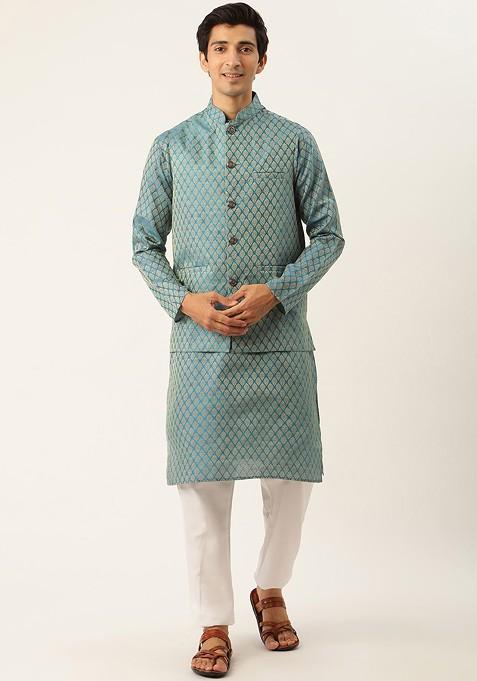 Teal Blue Woven Poly Blend Kurta Set For Men
