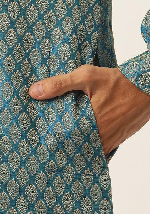 Teal Blue Woven Poly Blend Kurta Set For Men