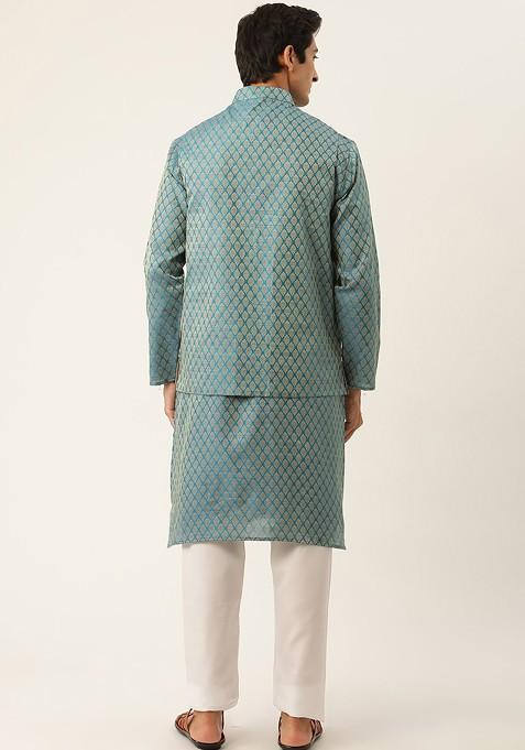 Teal Blue Woven Poly Blend Kurta Set For Men
