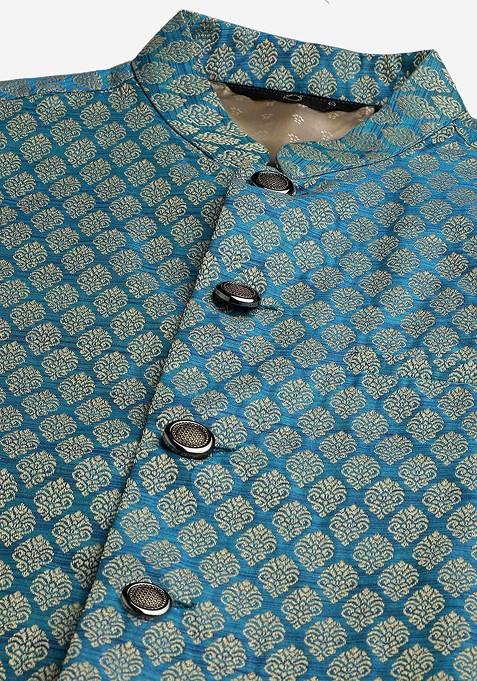 Teal Blue Woven Poly Blend Kurta Set For Men