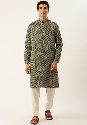 Green Ethnic Motifs Poly Blend Kurta Set For Men