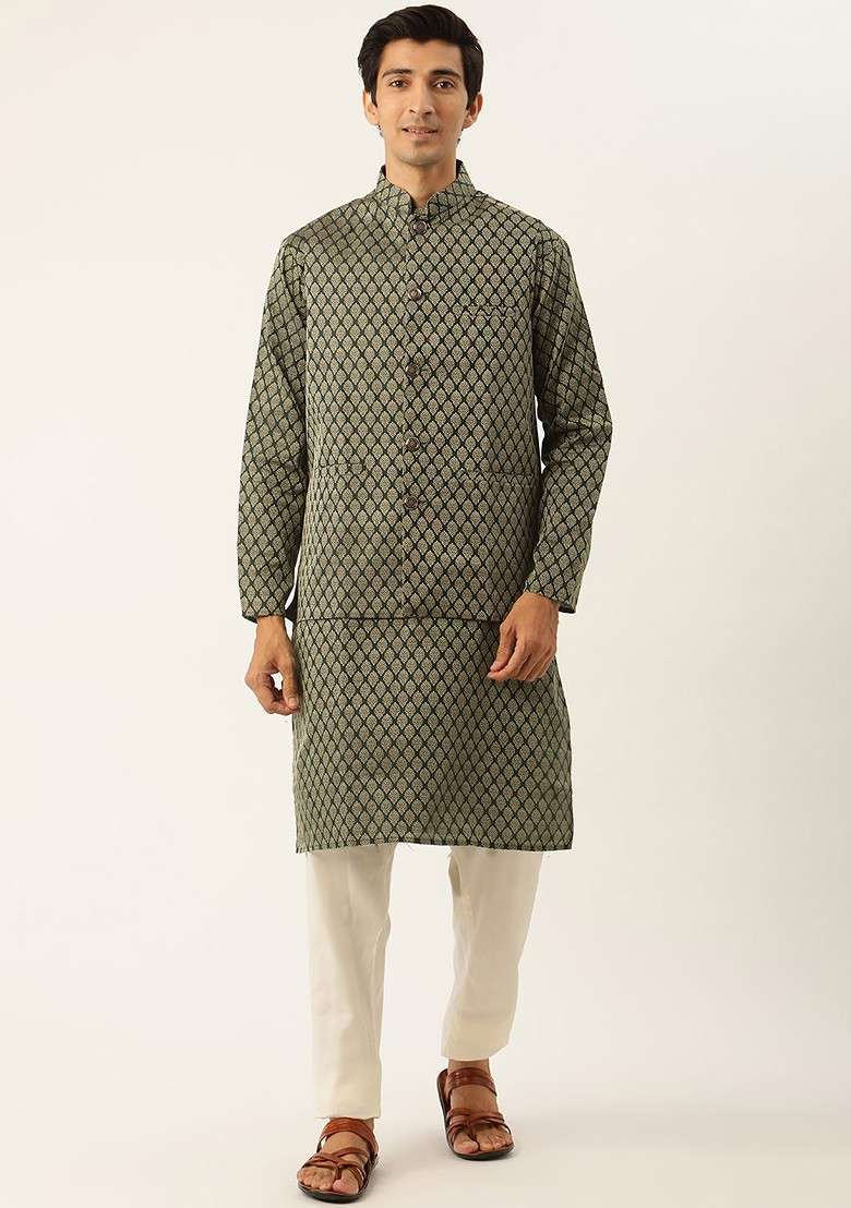 Green Ethnic Motifs Poly Blend Kurta Set For Men - Indya