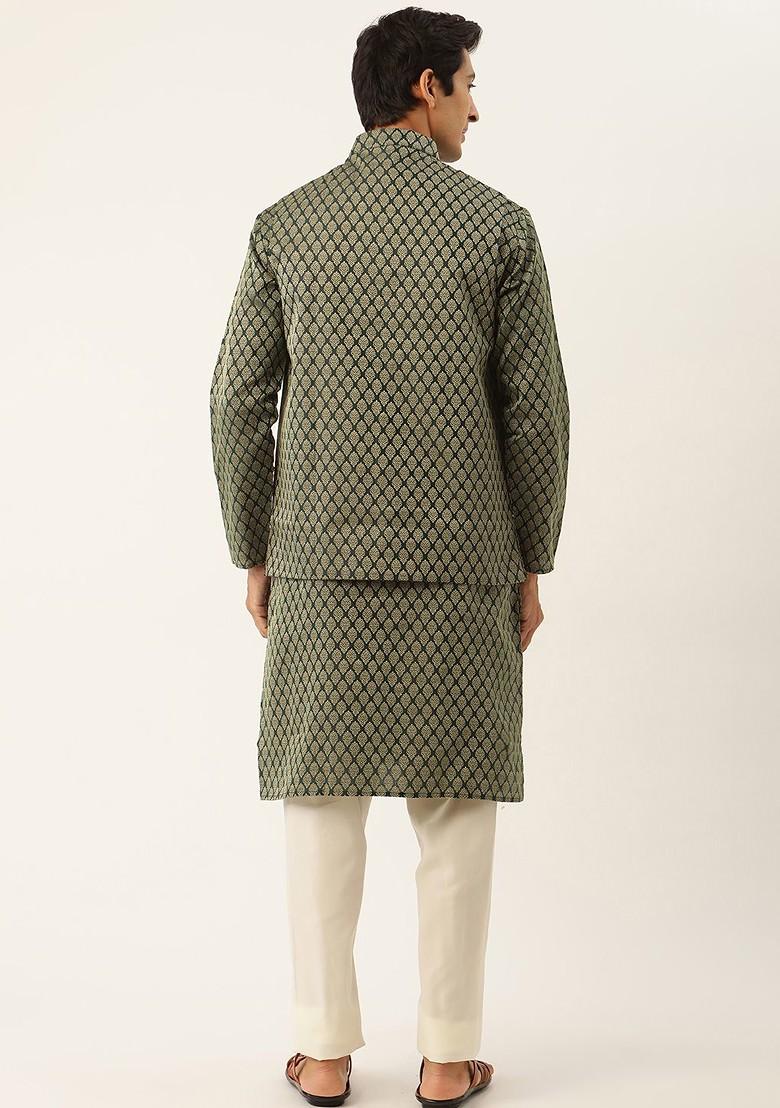 Green Ethnic Motifs Poly Blend Kurta Set For Men