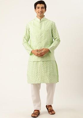 Sea Green Embroidered Poly Blend Kurta Set For Men