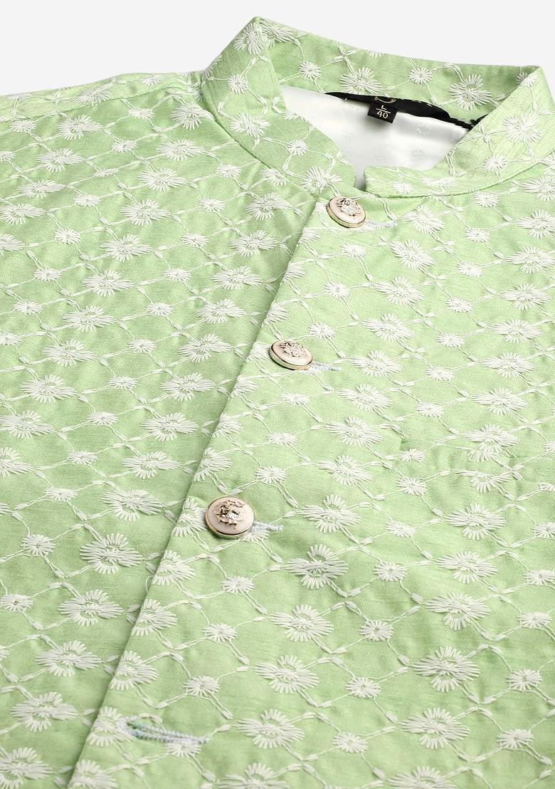 Sea Green Embroidered Poly Blend Kurta Set For Men