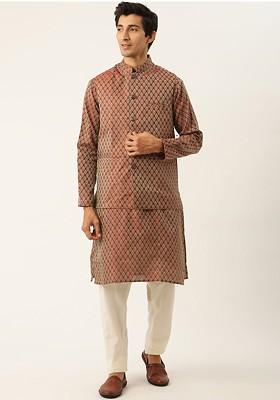 Maroon Woven Poly Blend Kurta Set For Men
