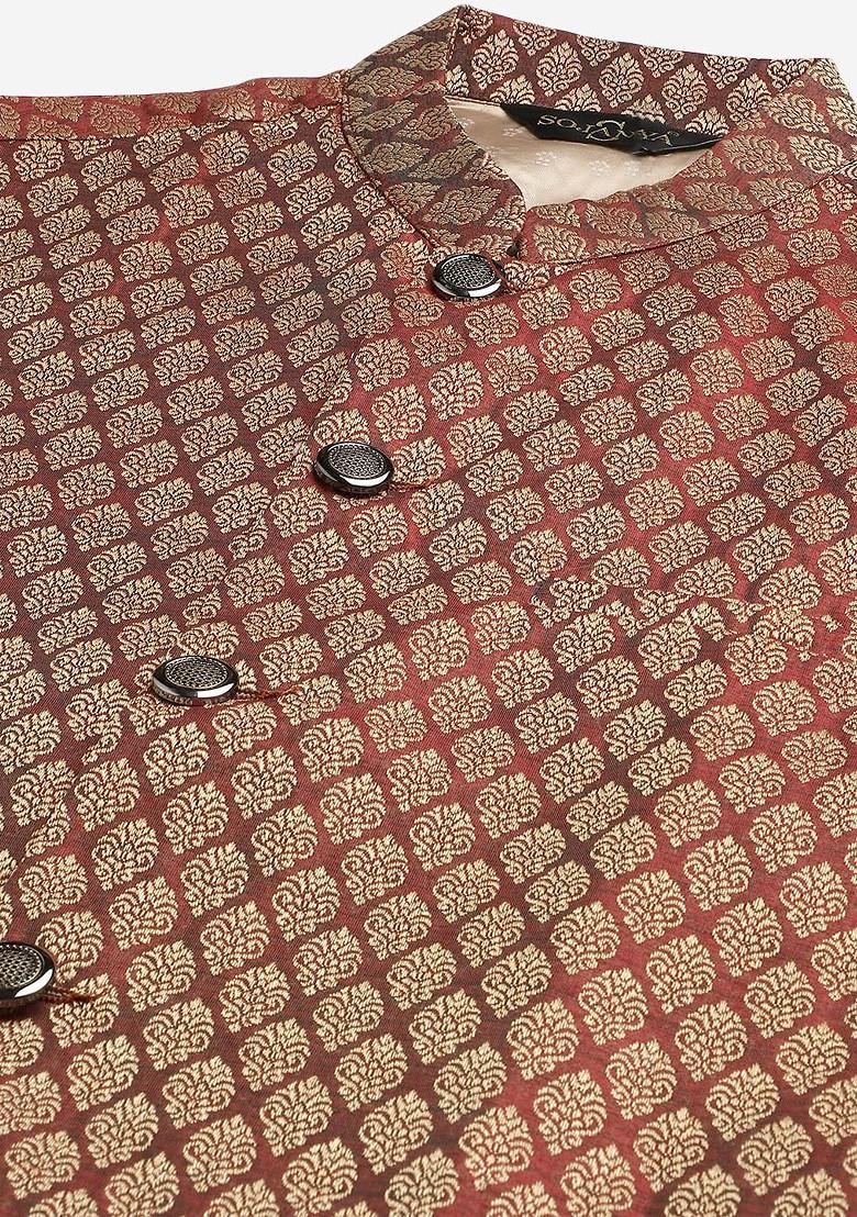 Maroon Woven Poly Blend Kurta Set For Men