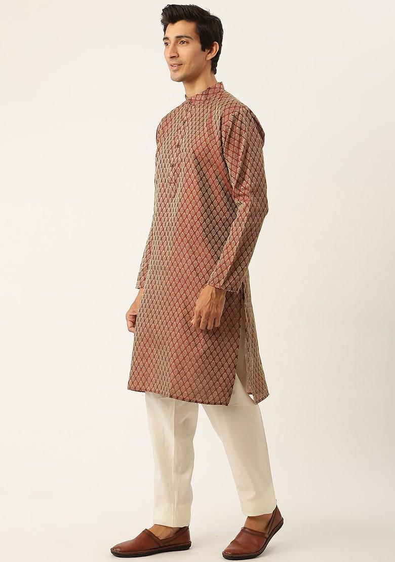 Maroon Woven Poly Blend Kurta Set For Men