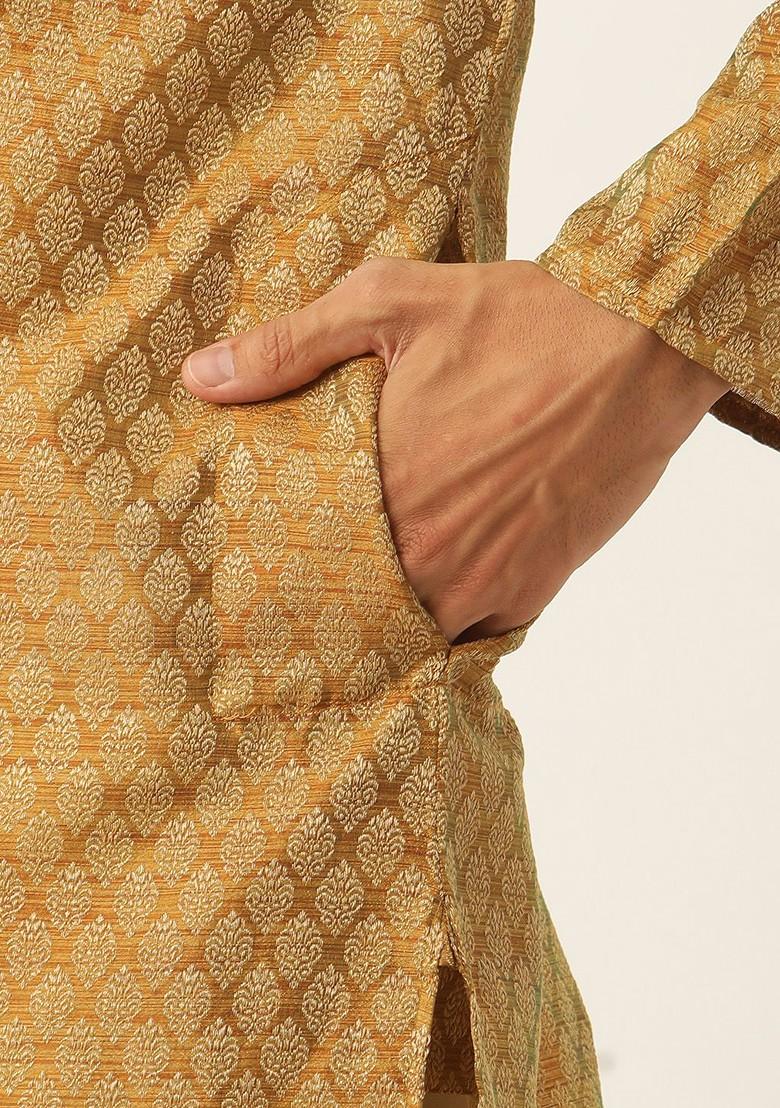 Mustard Solid Jacquard Kurta Set For Men