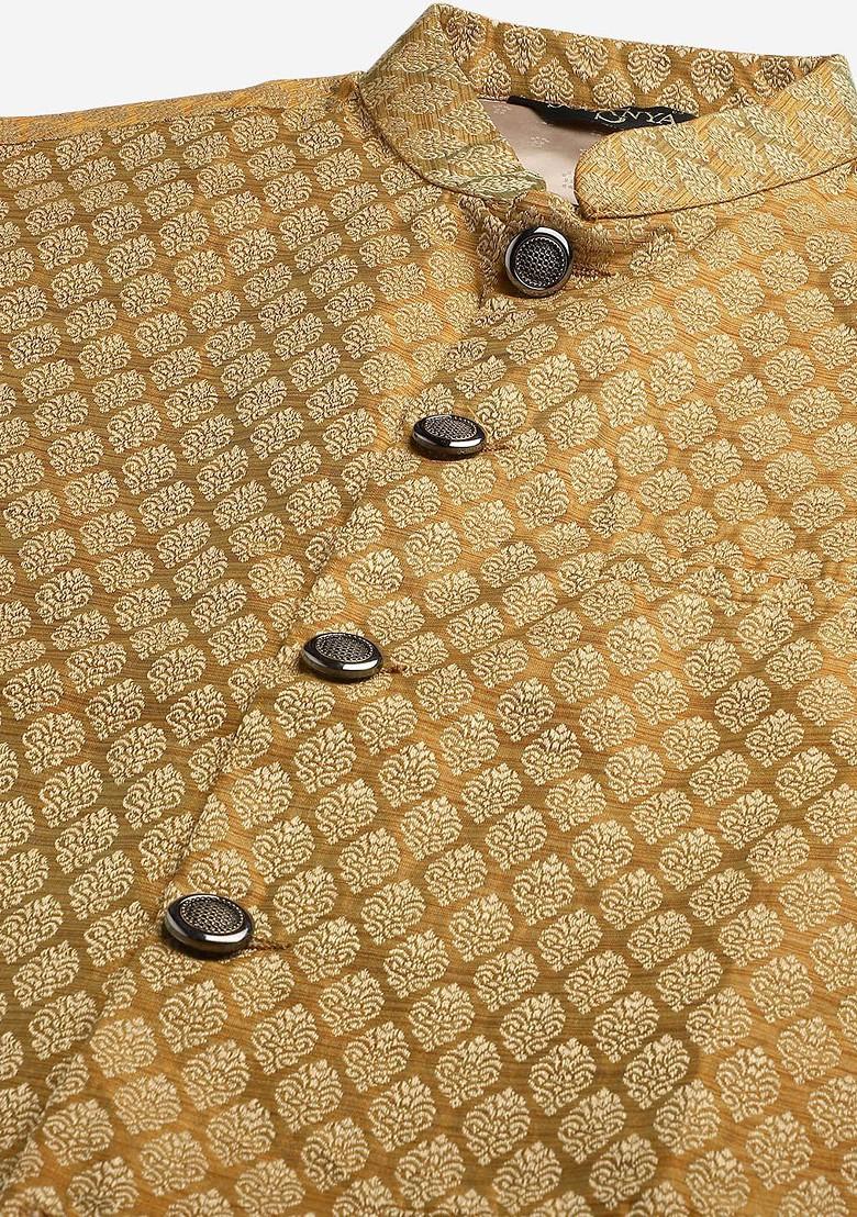 Mustard Solid Jacquard Kurta Set For Men
