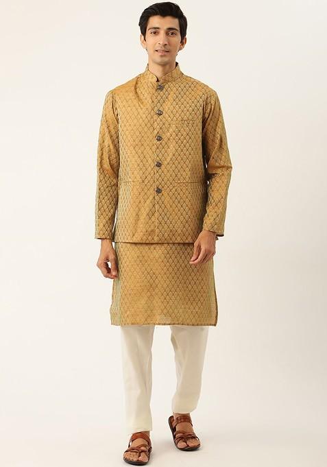 Mustard Solid Jacquard Kurta Set For Men — view on Indya