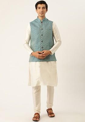 Off White Solid Poly Blend Kurta Set For Men