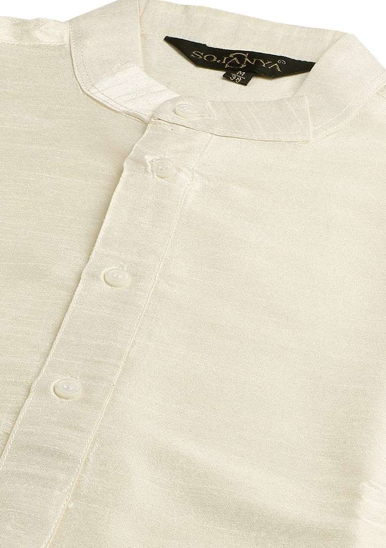 Off White Solid Poly Blend Kurta Set For Men - Indya