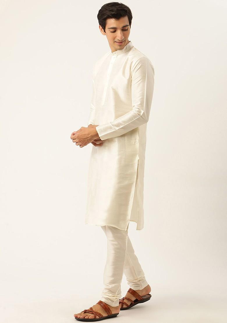Off White Solid Poly Blend Kurta Set For Men