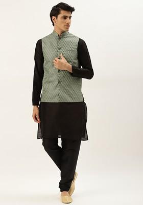 Green Ethnic Motifs Jacquard Kurta Set For Men