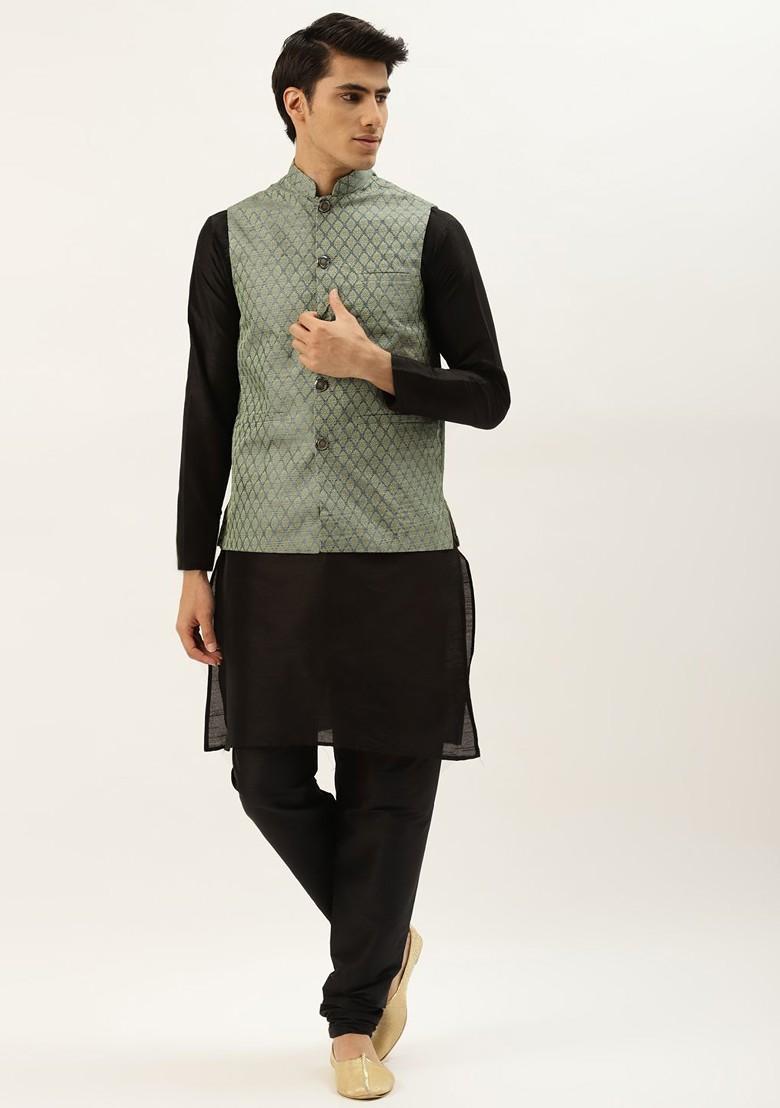 Green Ethnic Motifs Jacquard Kurta Set For Men
