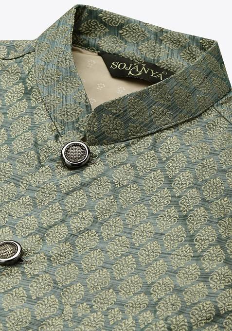 Green Ethnic Motifs Jacquard Kurta Set For Men