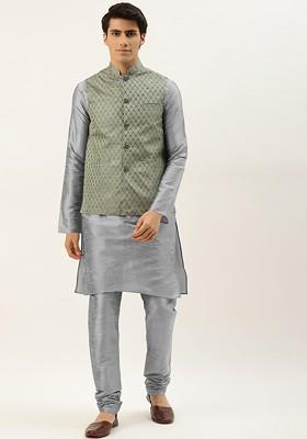 Grey Solid Poly Blend Kurta Set For Men