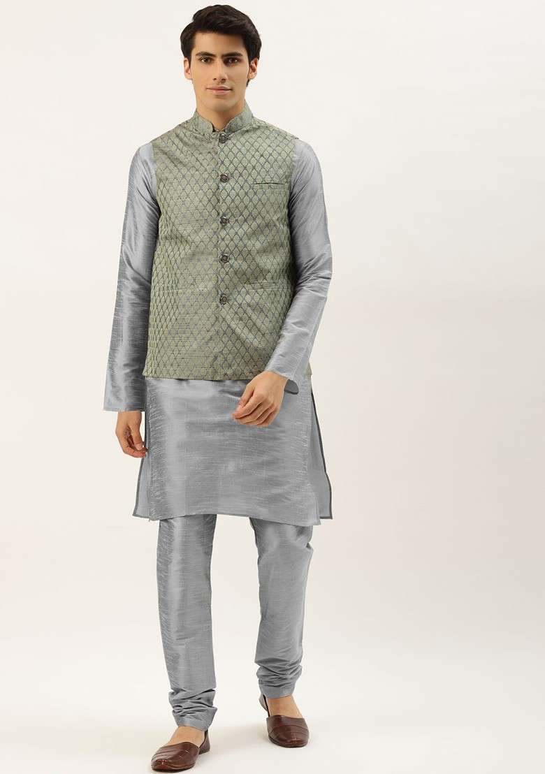 Grey Solid Poly Blend Kurta Set For Men - Indya