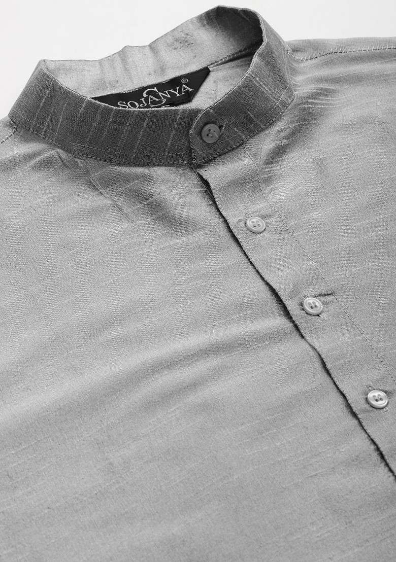 Grey Solid Poly Blend Kurta Set For Men - Indya