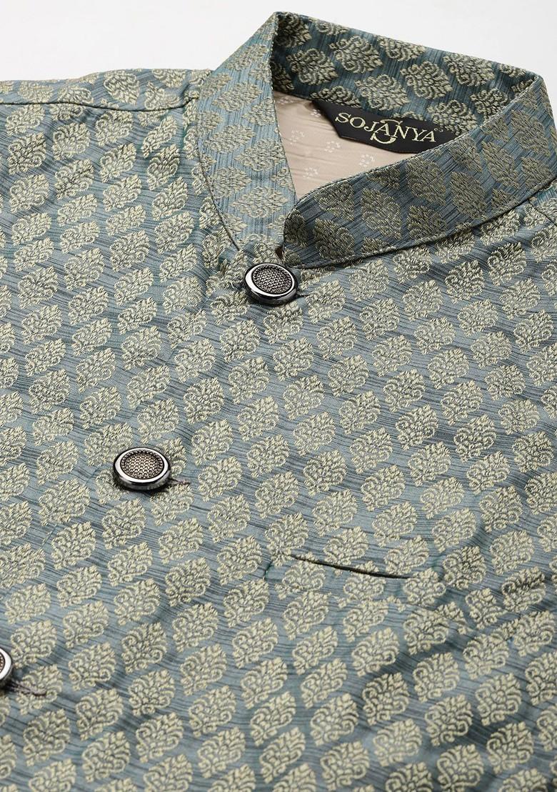 Grey Solid Poly Blend Kurta Set For Men