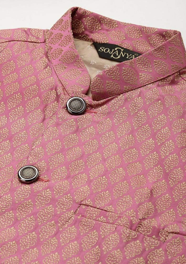 Off White Woven Jacquard Kurta Set For Men