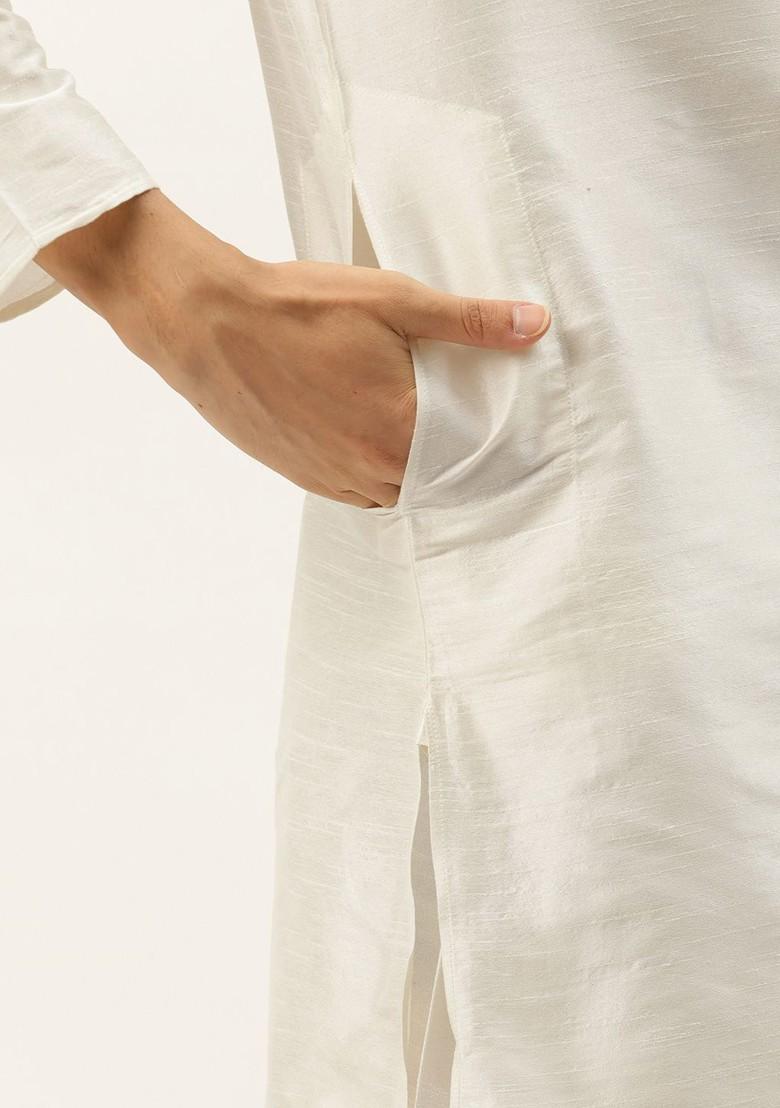 Off White Woven Jacquard Kurta Set For Men