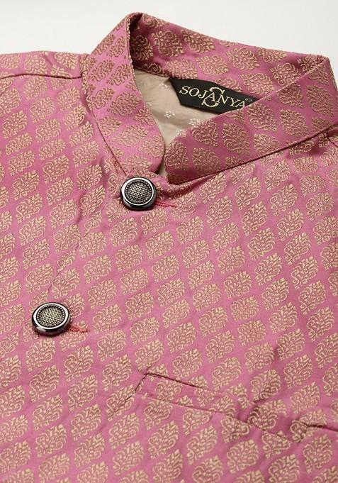 Off White Woven Jacquard Kurta Set For Men