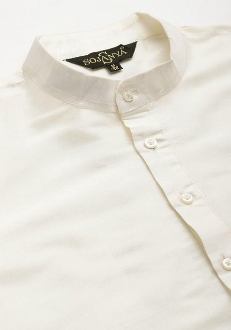 Off White Woven Jacquard Kurta Set For Men