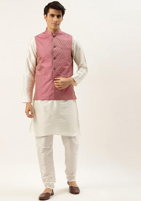 Off White Woven Jacquard Kurta Set For Men
