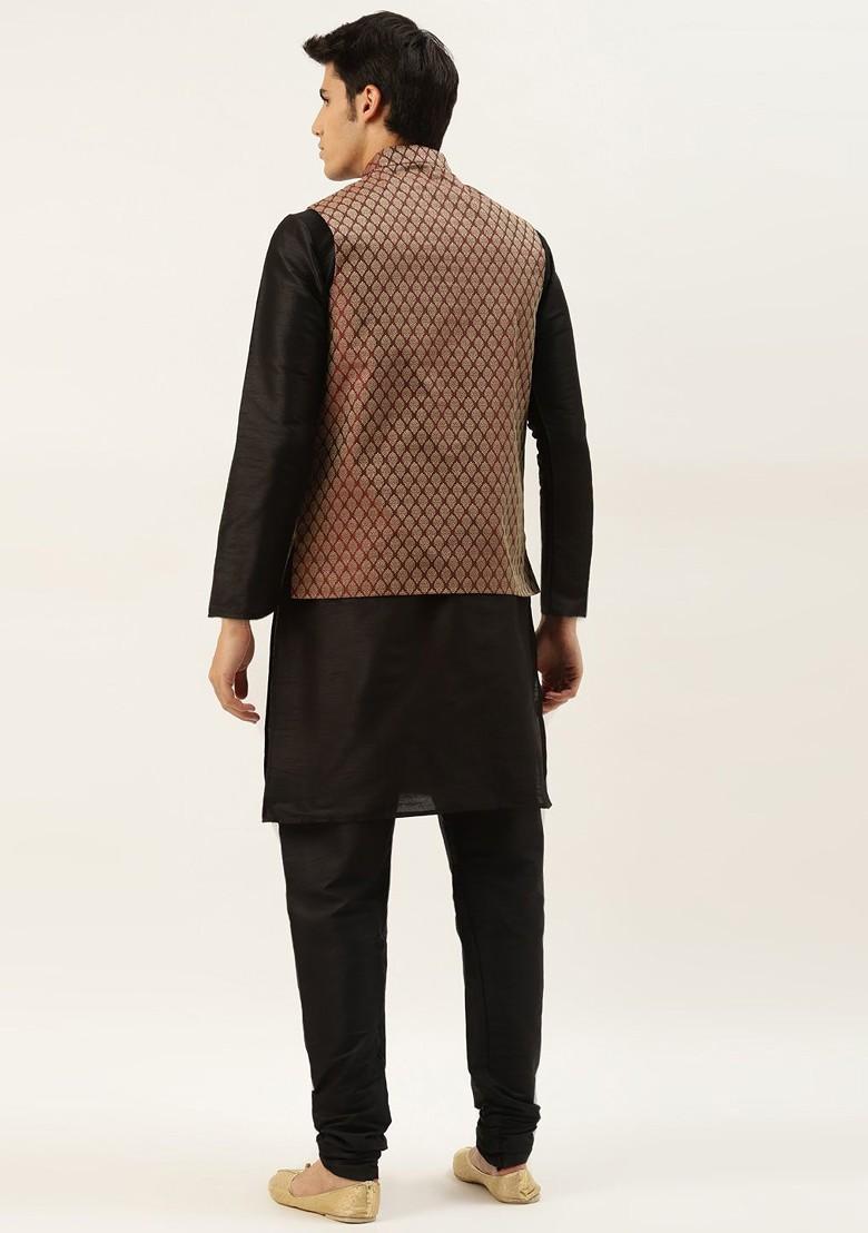 Black Solid Poly Blend Kurta Set For Men