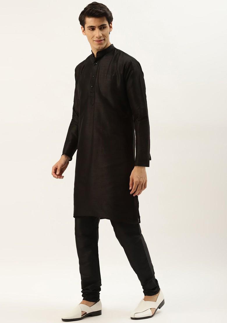 Black Solid Poly Blend Kurta Set For Men