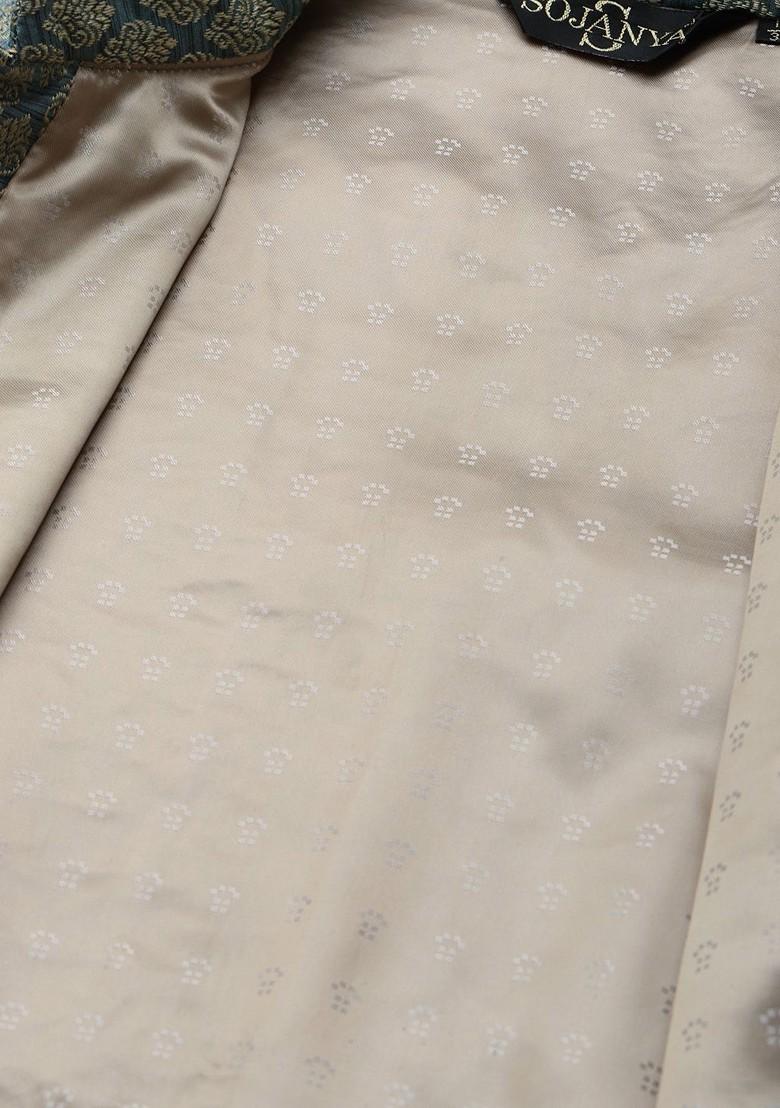 Beige Solid Poly Blend Kurta Set For Men