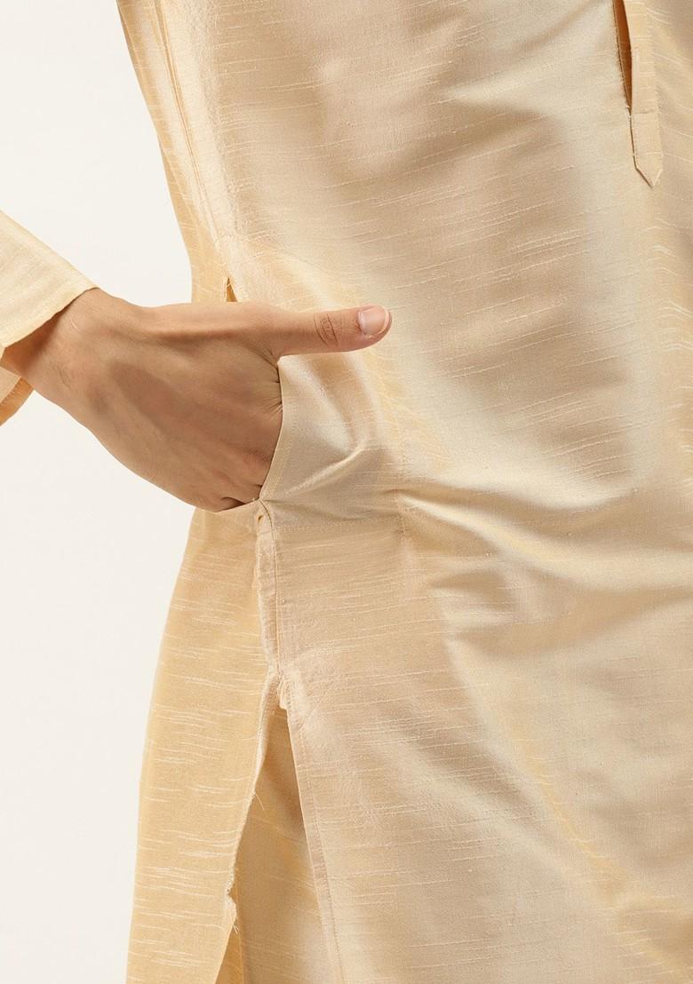 Beige Solid Poly Blend Kurta Set For Men
