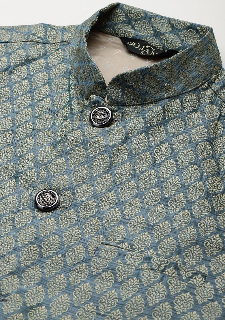 Beige Solid Poly Blend Kurta Set For Men