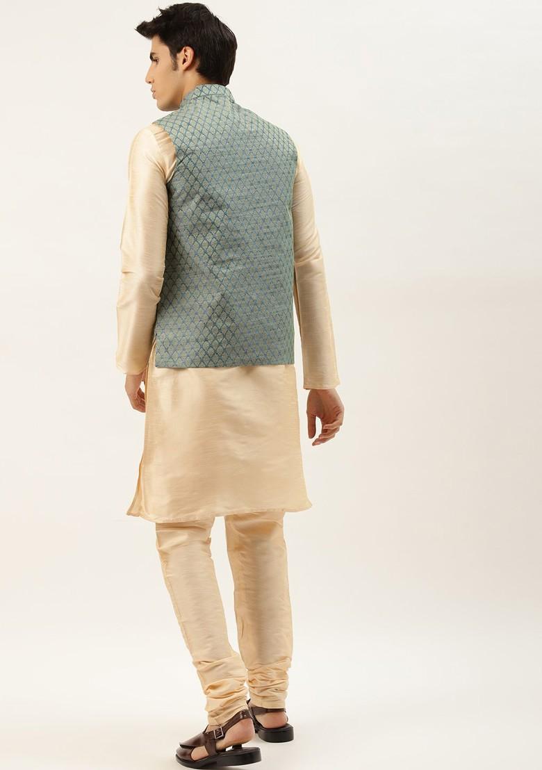 Beige Solid Poly Blend Kurta Set For Men