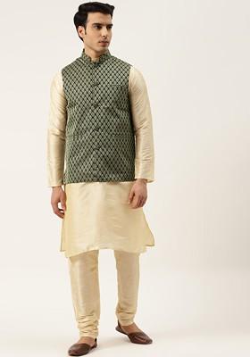 Beige Solid Poly Blend Kurta Set For Men