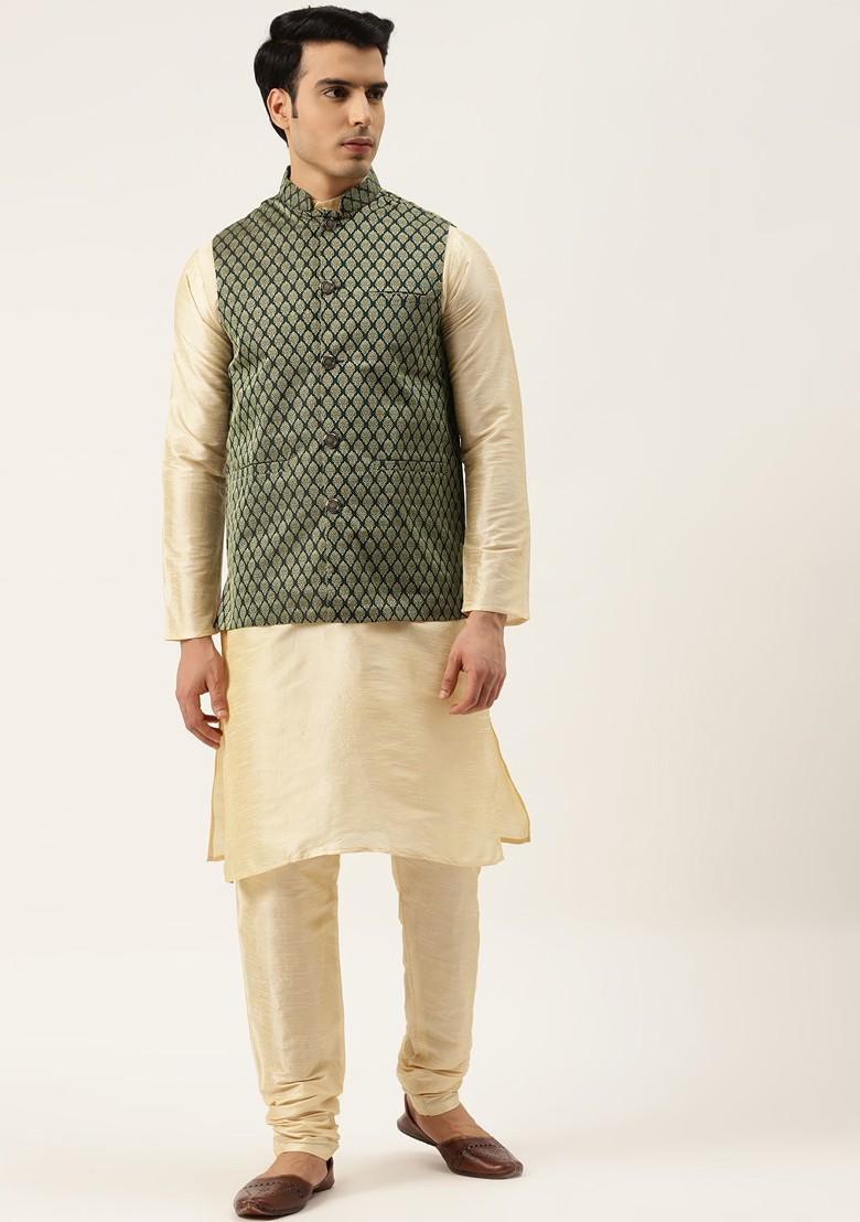Beige Solid Poly Blend Kurta Set For Men