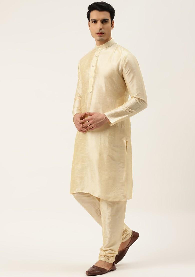Beige Solid Poly Blend Kurta Set For Men