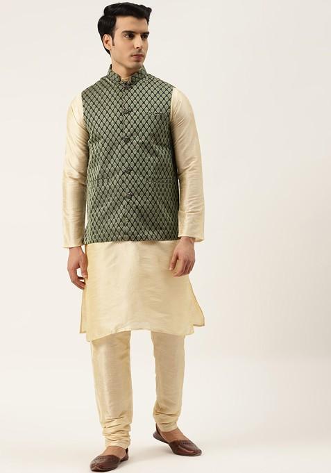 Beige Solid Poly Blend Kurta Set For Men