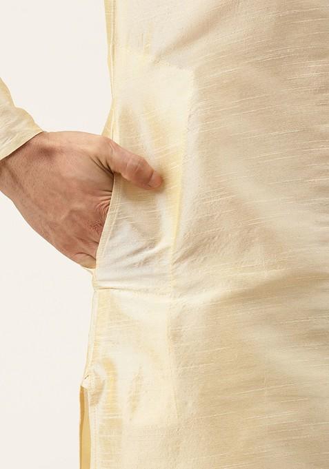 Beige Solid Poly Blend Kurta Set For Men