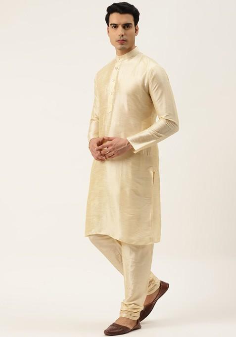 Beige Solid Poly Blend Kurta Set For Men