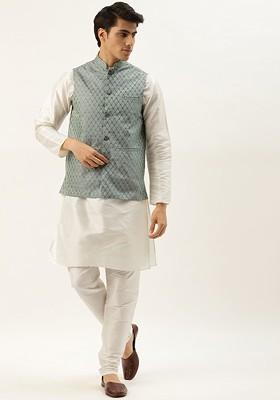 Off White Woven Jacquard Kurta Set For Men