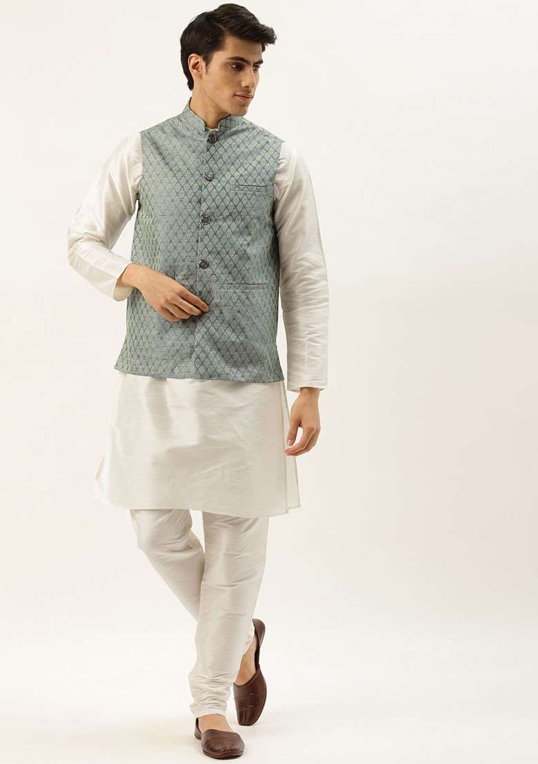Off White Woven Jacquard Kurta Set For Men - Indya